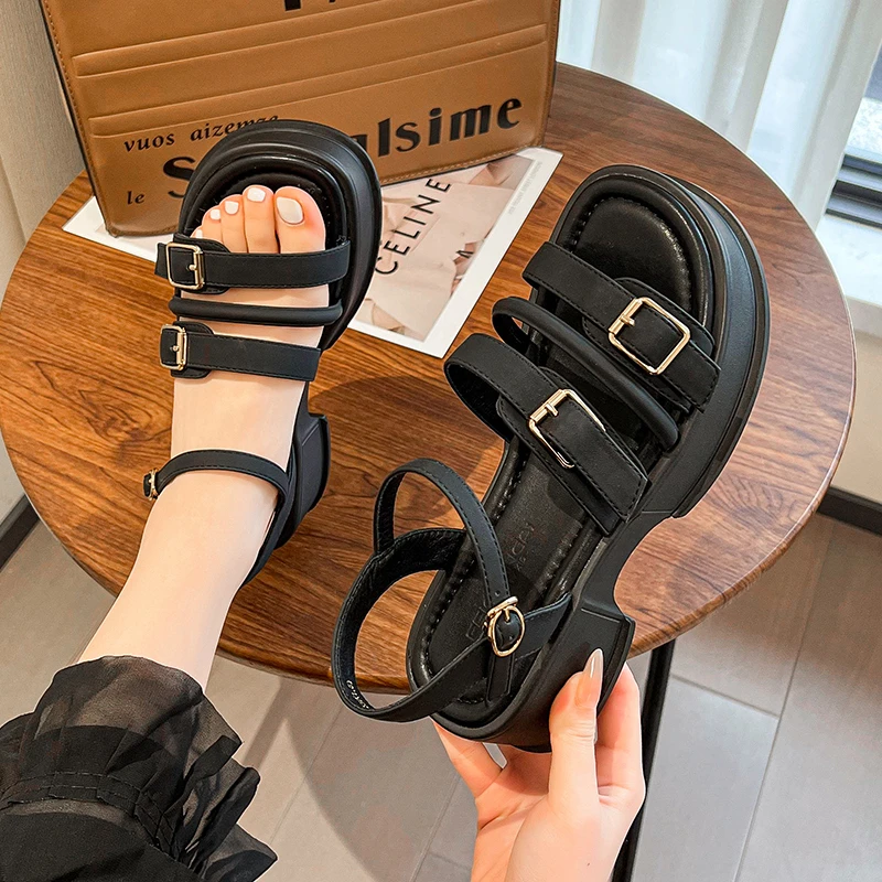 2024 new Women Pin Buckle Platform Shoes Slingback Metal Buckle Thick Bottom Ladies Flat Bottom One Buckle Platform Sandals