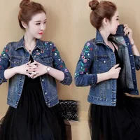 Buy Discover the Trendy 2023 Floral Embroidery Short Denim Jacket for Women - Elegant, Single Breasted, and Slim-Fitting Jeans Coat for Spring and Autumn Outwear. Elevate Your Style with this Chic Basic Jacket! Online - Image 3