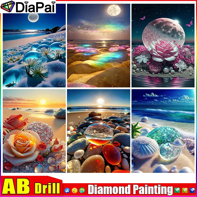 

Полноразмерная Алмазная вышивка DIAPAI AB 5D «сделай сам», «пляжные цветы, пейзаж заката», алмазная живопись, вышивка крестиком, искусственное украшение для дома