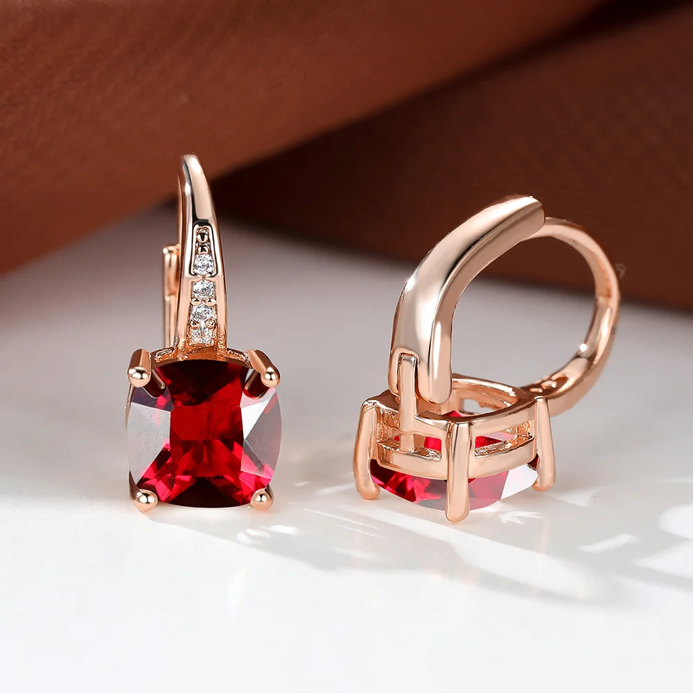 Red Crystal Zircon Square Stone Small Hoop Earrings For Women Vintage Rose Gold Color Ear Buckle Wedding Jewelry Versatile Gifts