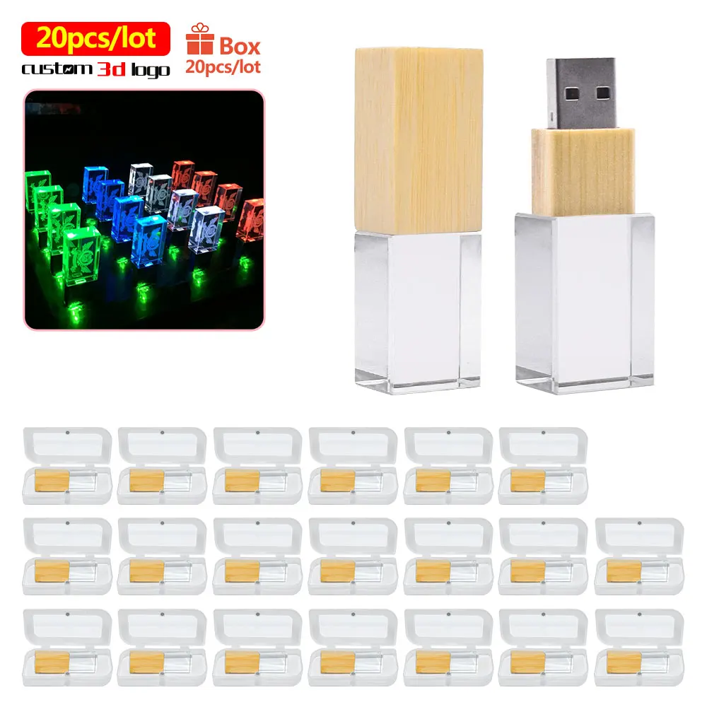 

20pcs/lot pen drive crystal transparent glass with LED light penderive USB flash drive 4GB 8GB 16GB 32GB photography gift