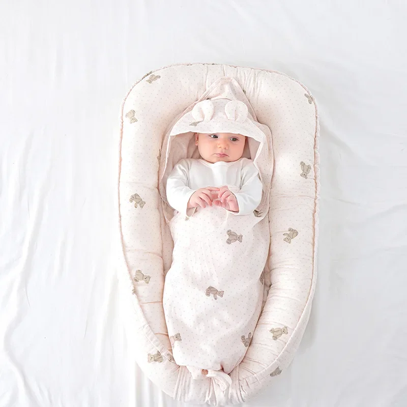 Culla per neonato in cotone per lettino per neonato Paraurti per culla Nuovo 95x60 cm Lettino nido per bambini con cuscino Lettino da viaggio per culla portatile - immagine 3