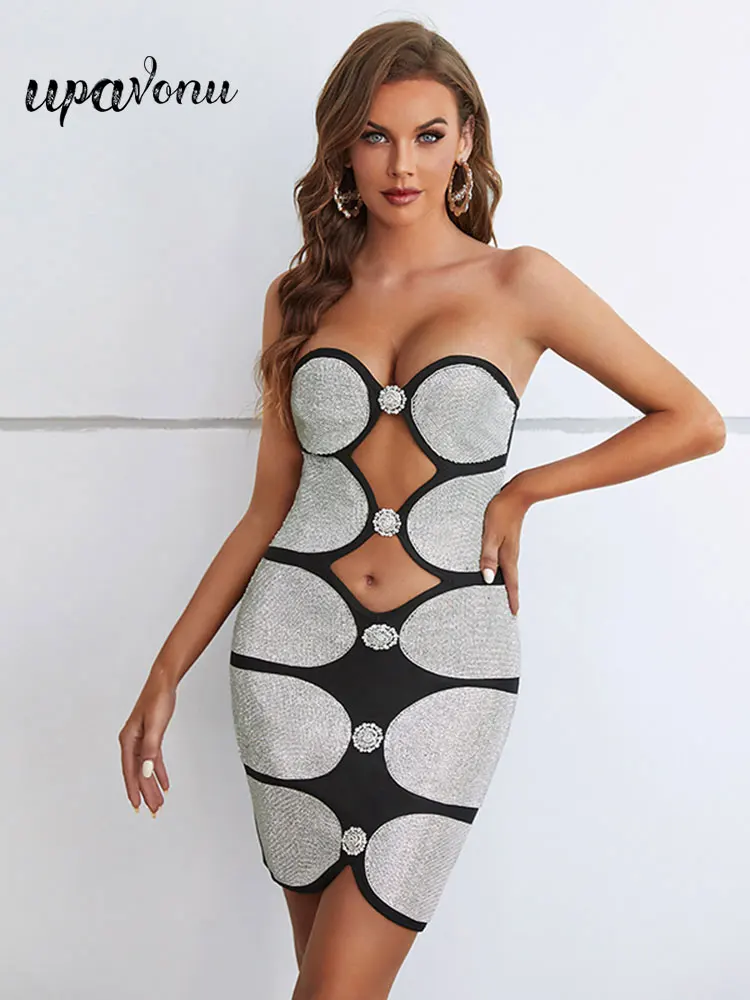 

Free Shipping Sexy Shiny Rhinestone Bandage Dress Women Off Shoulder Sleeveless Hollow Bodycon Mini Dress Evening Party Vestidos