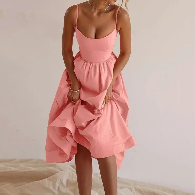 

Женское платье-миди с открытыми плечами, однотонное Привлекательное платье на бретелях с U-образным вырезом и широкой юбкой, лето 2024
