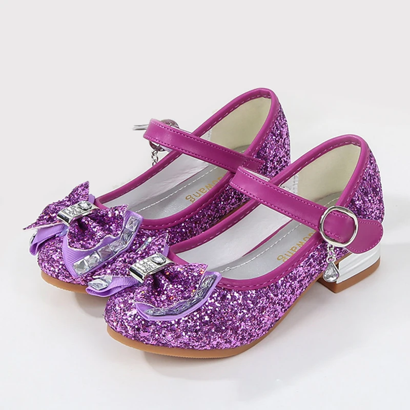 

Princess Blue Party Shoes Girls High Heels 2023 Children New Shoe Kids Single Shoes Sequins Students Dance Ceremony Shoe 23-38
