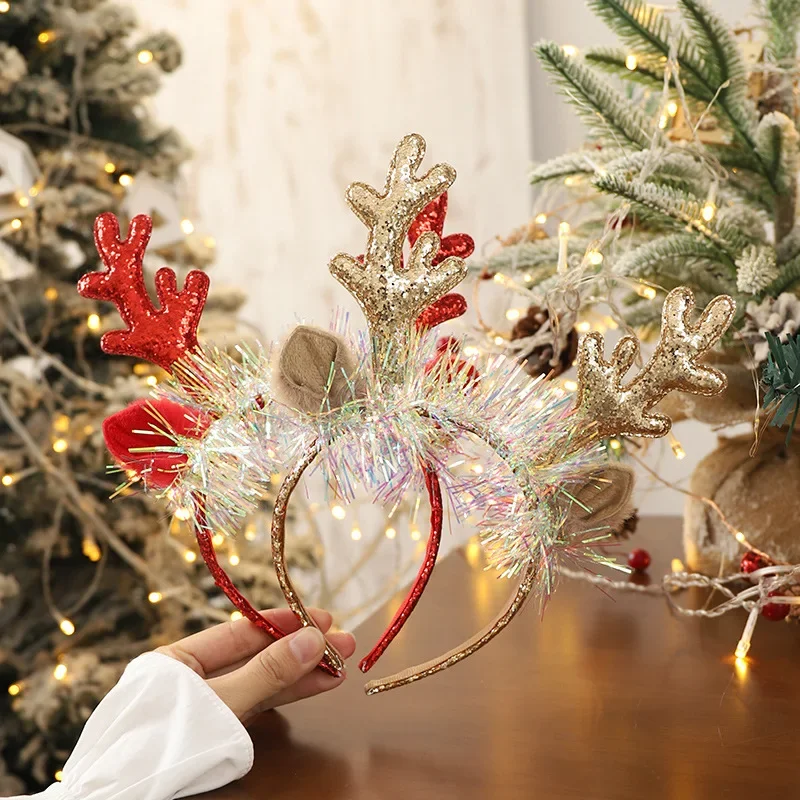 Christmas Hair Band Gold Red Elk Horn Bell Headband Merry Christmas Gifts For Kids Happy Party Decor Sequined Headwear for Girls