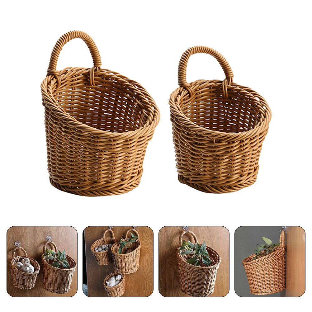 

2 Pcs Wall Hanging Storage Basket Flower Fruit Woven Sundries Ginger Garlic Hamper Weave Vegetable