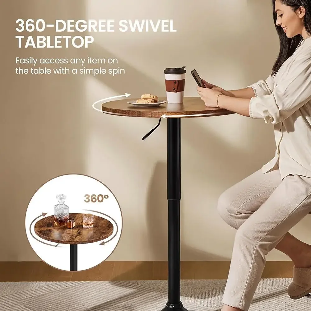 Round Pub Table Height Adjustable with 360 Swivel MDF Tabletop Dining Bistro Cafe Home Bar Rustic Brown 5