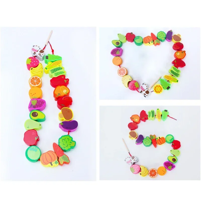 42PCS Montessori Wooden Beads Stringing Toy – Cartoon Fruit & Animal Educational Set for Kids 5