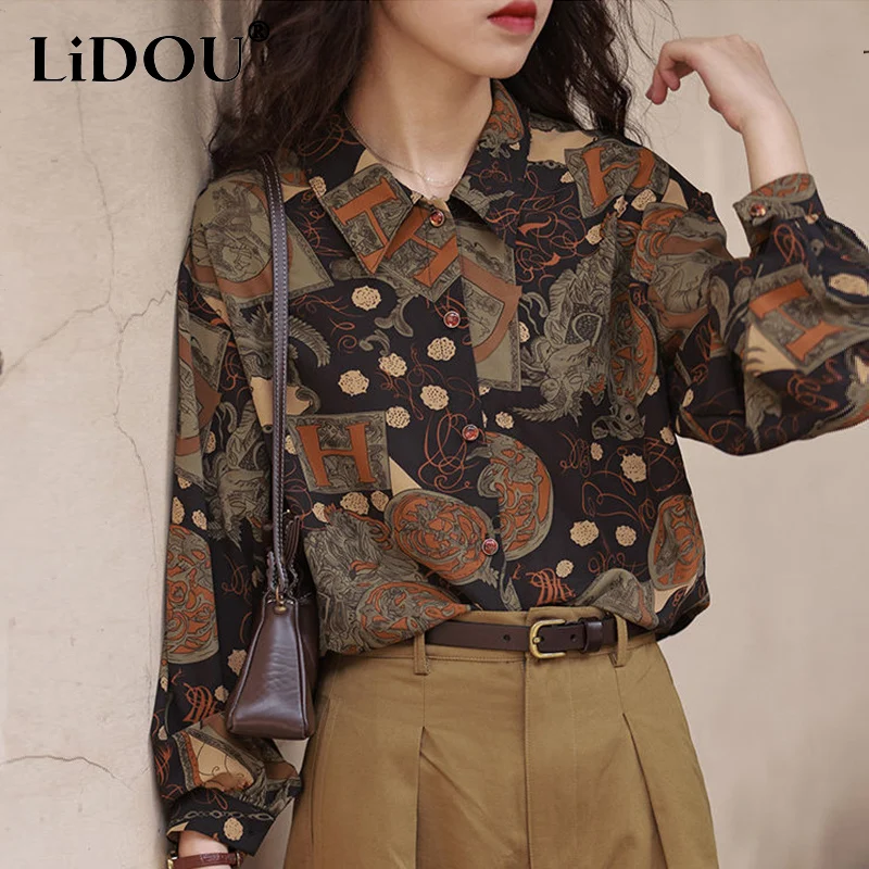 

Spring Autumn Turn Down Collar Streetwear Fashion Vintage Printing Shirt Women Long Sleeve All-match Blouse Femme Cardigan Top