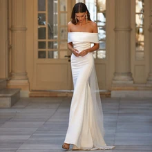 

RANMO Simple Off the Shoulder Wedding Dress Sheath Lace Up Sweep Train Modern Bride Gown Elegant Sleeveless Outdoor Formal Dress