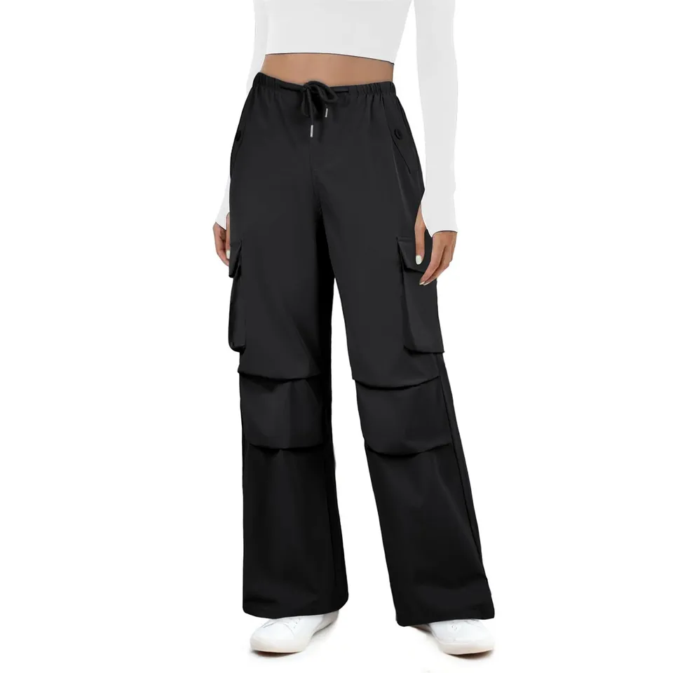 Womens Wide Leg Elastic Waist Parachute Pants