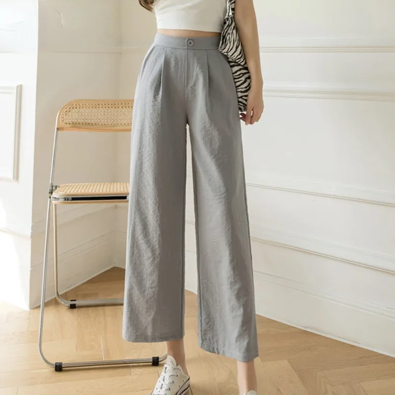 Women Cotton Linen High Waist Pants Solid Color Pockets Black Khaki Trousers Oversized Spring 2022 Fashion New Wide Leg Pants