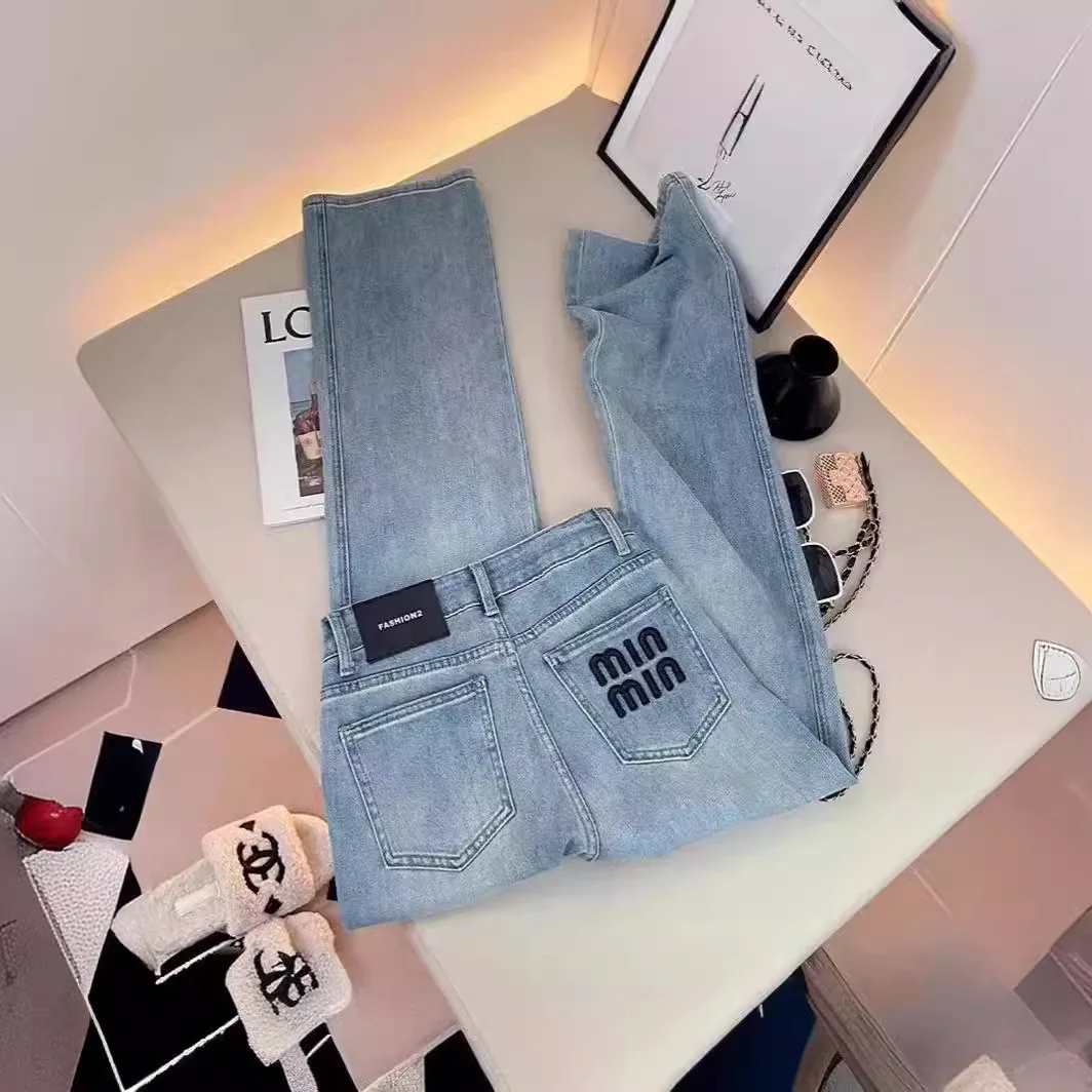 

Y2K Light blue wide leg jeans for women's spring/summer 2024 new high waisted loose embroidered floor mopping straight leg pants