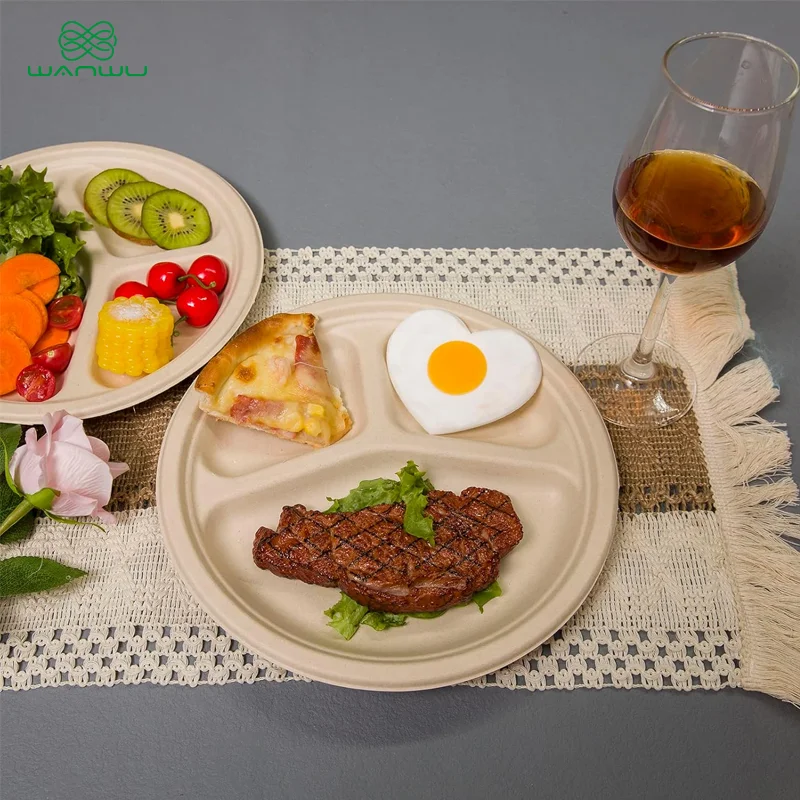 50 pcs 10 inch disposable paper plates, round with 3 compartments, made of eco-friendly plant fiber