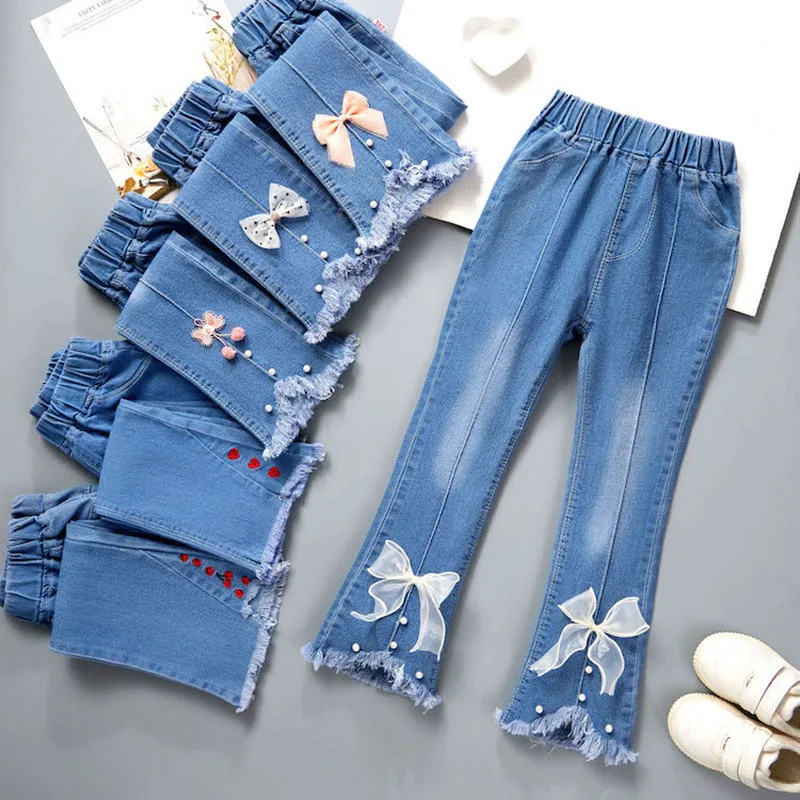 Girls Elastic Bow Denim Jeans 1