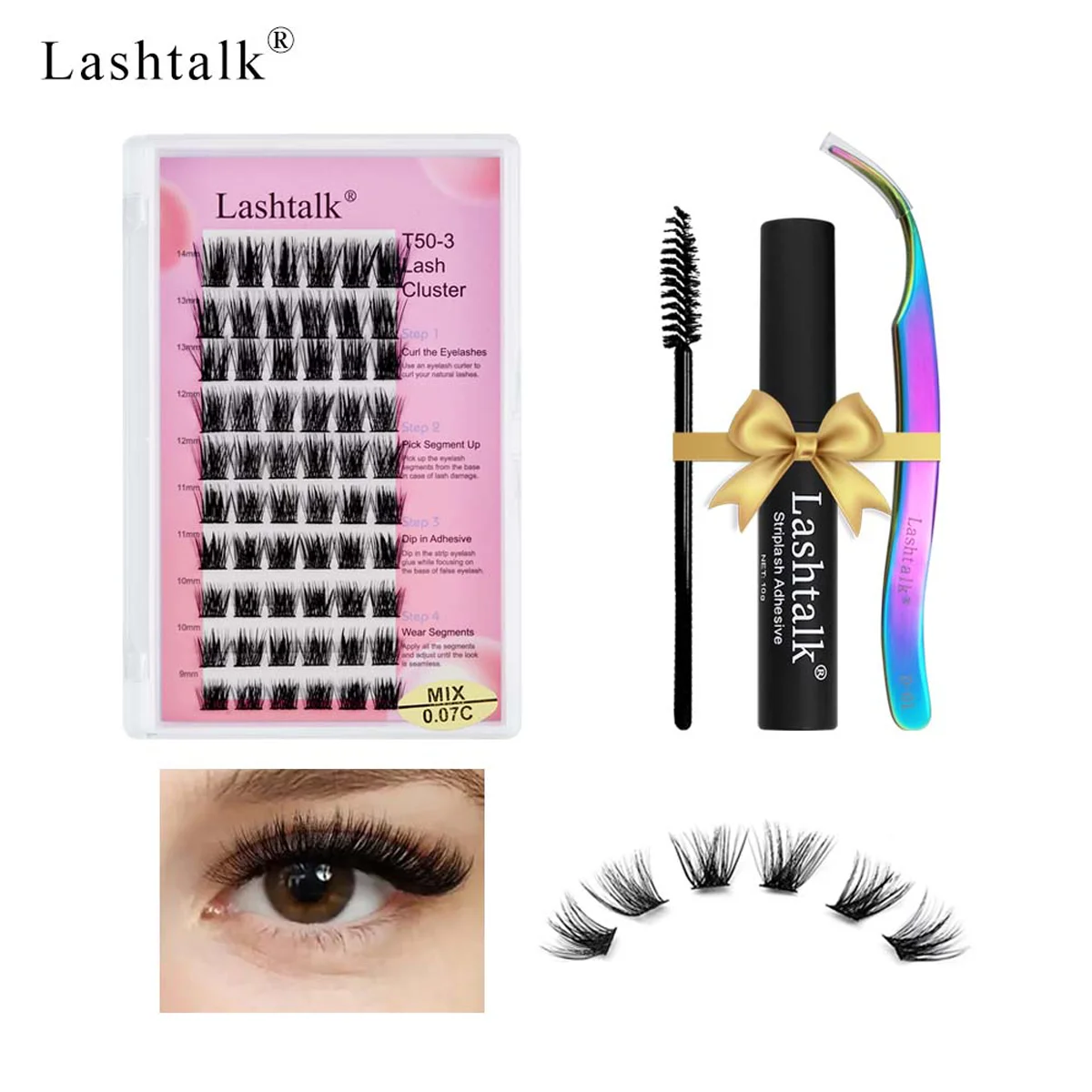 

Lashtalk 1 Set T50-3 C Curl Cluster Lashes Tweezer Brush Glue Adhensive 9-14mm DIY False Eyelash Kit 60 Cluster Thick Supplies