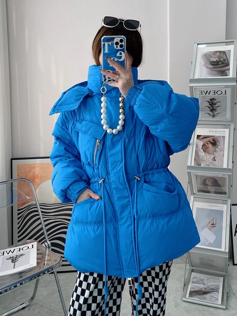 Abrigo de plumón corto con capucha para mujer, chaqueta de plumón de pato blanco suave y holgado, Parkas de cintura ajustable en azul, ropa de invierno, 90% _ - AliExpress