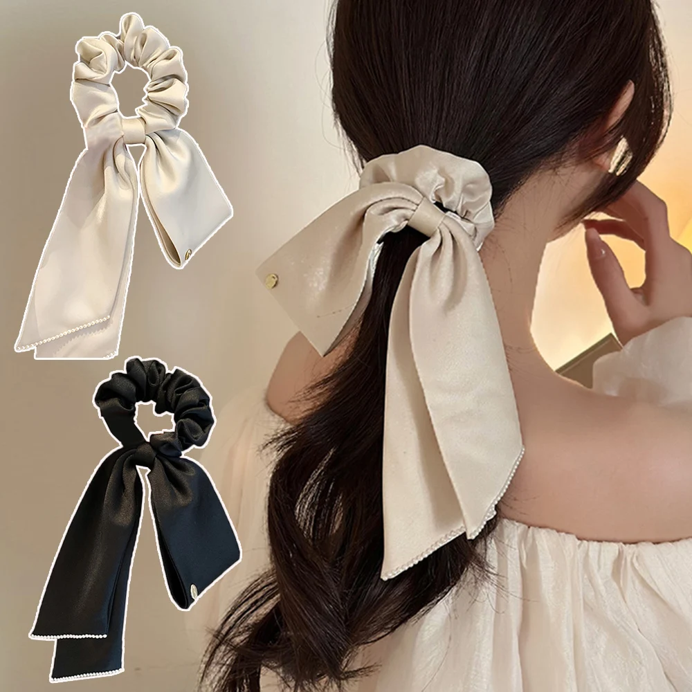 Satin Ribbon Bow Scrunchies Solid Color Pearl Edge Hair Rope Ponytail Hair Scarf Korean Elegant Headwear Silky Hair Accessories