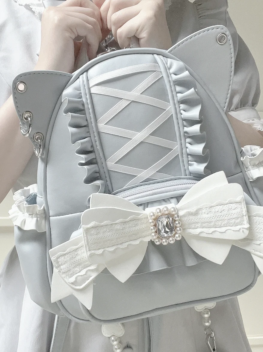 Japanese Mine Style Mass-Produced Lace Stitching Diamond Bow Ruffles Cat Ear Pu Sweet Cute Lolita Kawaii Zipper Backpack Women 5
