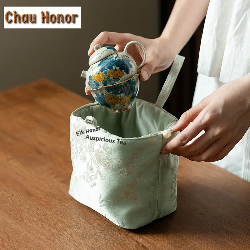 Hand-painted Pumpkin Travel Tea Set Kit Luxury 1 Pot 1 Cups Tea Maker Organizer Portable Picnic Stock Bags Teaware Supplies Gift