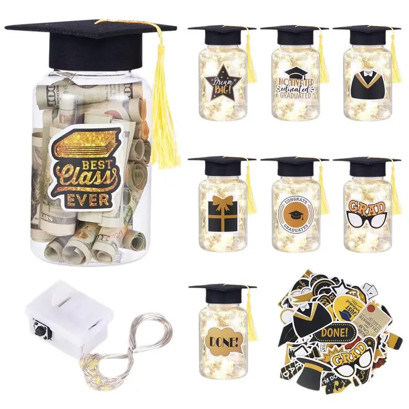 

Decorative Graduation Jar 8pcs String Light Graduation Jar With Stickers Hat Shape Lid Decor Bottle Hat Shaped Lid Class Of 2024