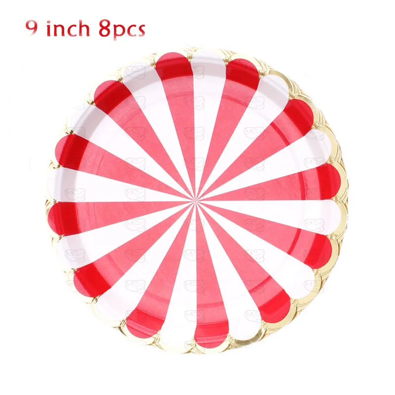 Description Picture 6 of itemCircus Birthday Party Decor Red White Striped Disposable Tableware Sets Plates Cups PE Tablecloth Napkin Knives Forks Supplies
