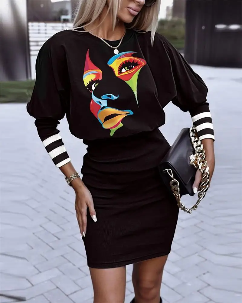 

European and American Autumn Women's New Fashion Print Waist Wrapped Round Neck Long Sleeve Wrapped Hip Tight Dress