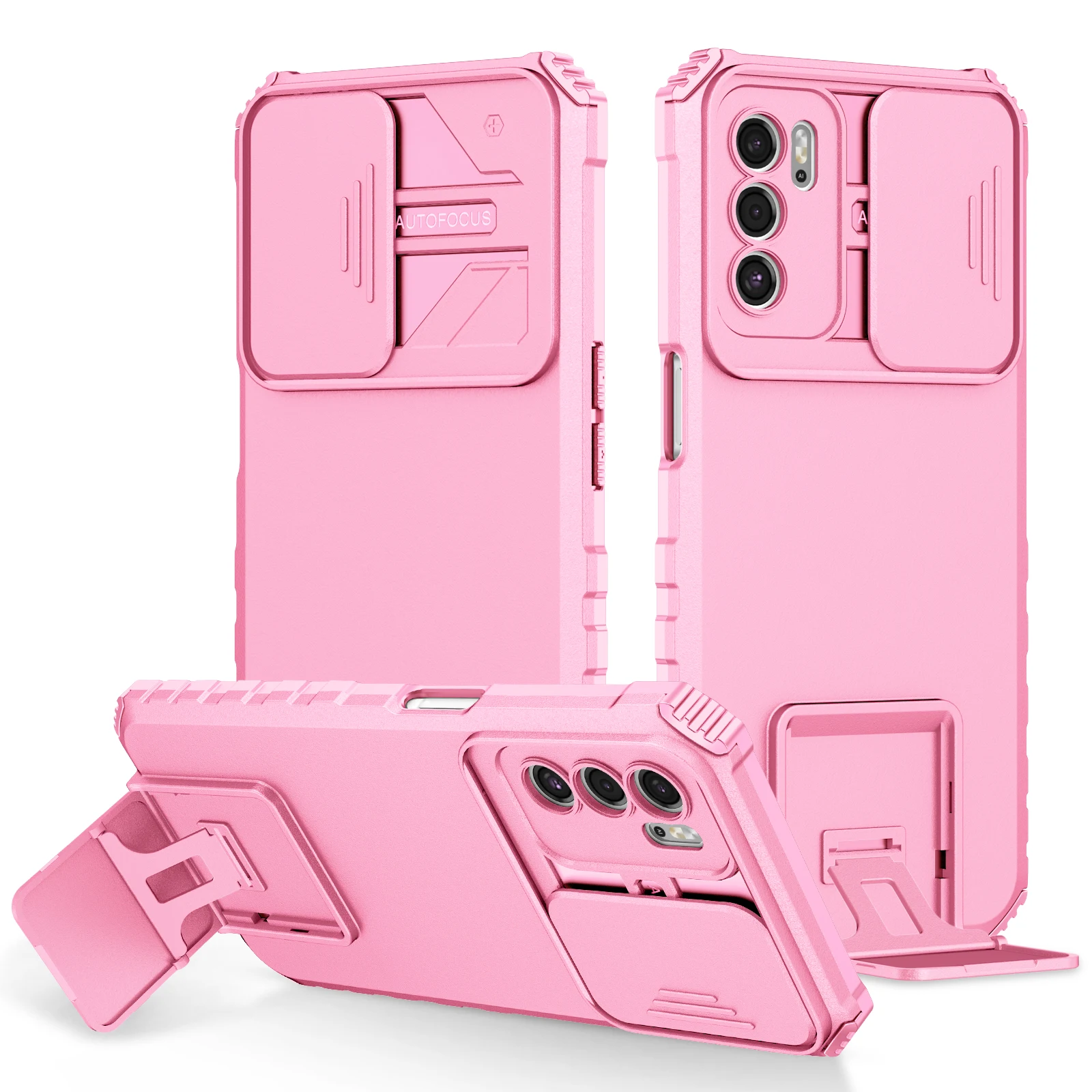 Shockproof Phone Case with Slide Camera Lens Protection and Stand Feature