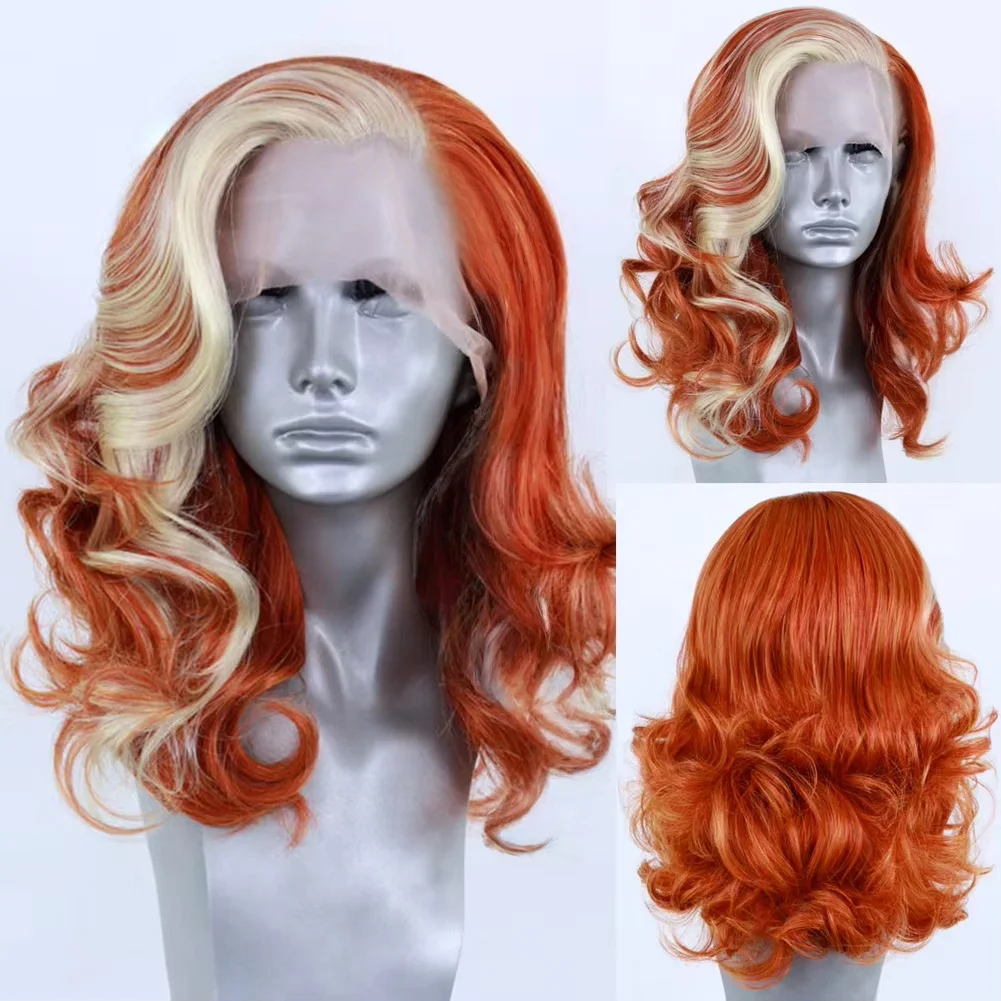 Short Deep Wave Bob Wig 13X4 Synthetic Lace Front Wig for Women Ginger Hair Short Body Wave Cosplay Orange Highlights