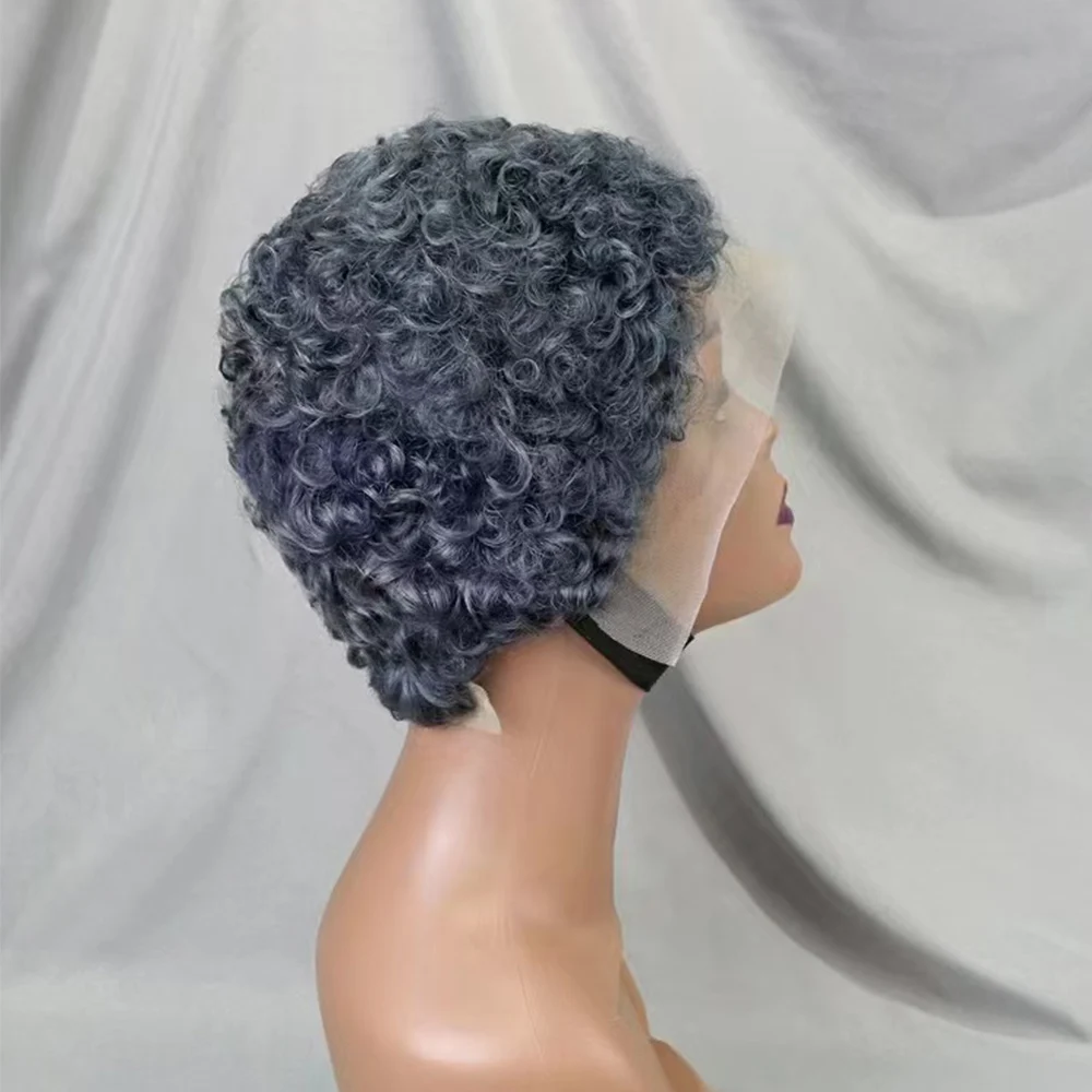 13x4 Lace Frontal Short Pixie Cut Curly Wave Gray Color Human Hair Wigs 180% Density Human Hair Wig for Black Women