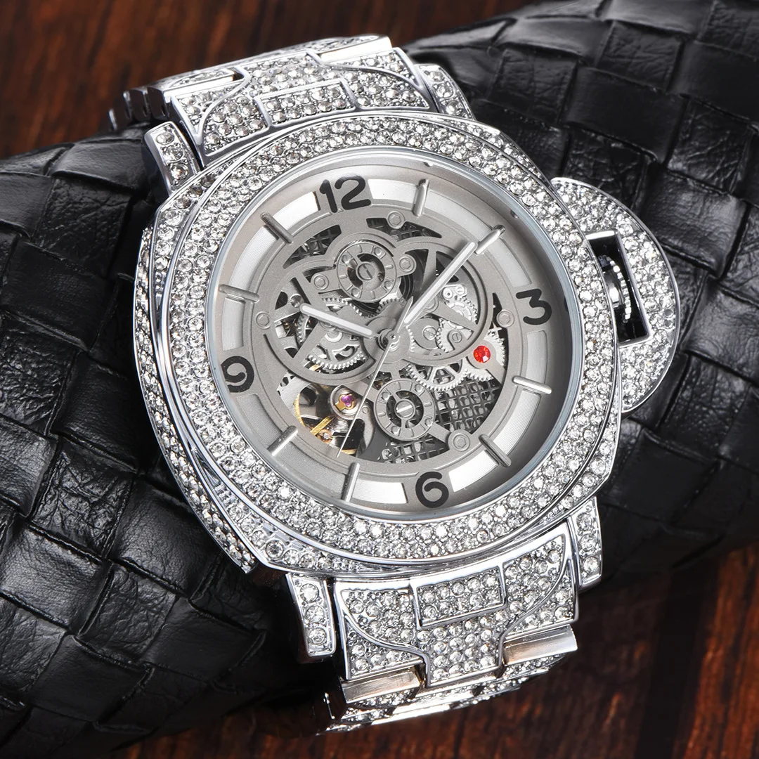 

Iced Out Diamonds Watches for Men Skeleton Tourbillon Automatic Mens Watches Mechanical Wristwatch Man Clock Luxury Montre Homme