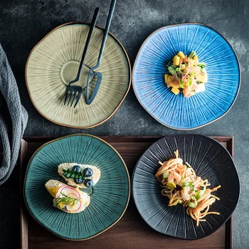 Piatto poco profondo in ceramica di quercia in stile giapponese, ristorante, piatto da cucina occidentale vintage, piatto da dessert rotondo per bistecche 1