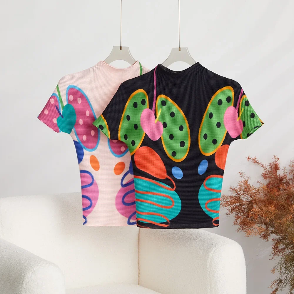 

Miyake Pleated Short Sleeve Print T-shirt Summer Fashion Casual Top Women High Street Women's T-shirt Woman Clothing Temperament