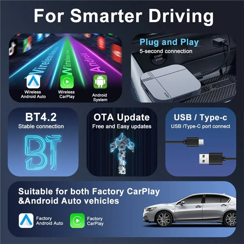 AT82-무선 Carplay 안드로이드 오토 4+ 32G 듀얼 와이파이 블루투스 4.2 유선-무선 Carplay 어댑터 자동차 스마트 AI 박스 안드로이드