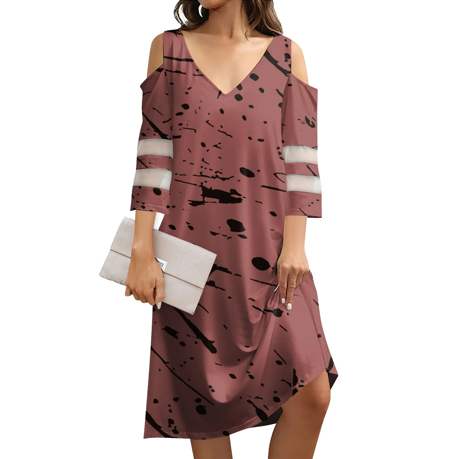 

Women's Summer V-neck Vintage Solid Color Printed Splicing Strapless Seven Sleeve Casual Dresses vestidos baratos con envíos gra