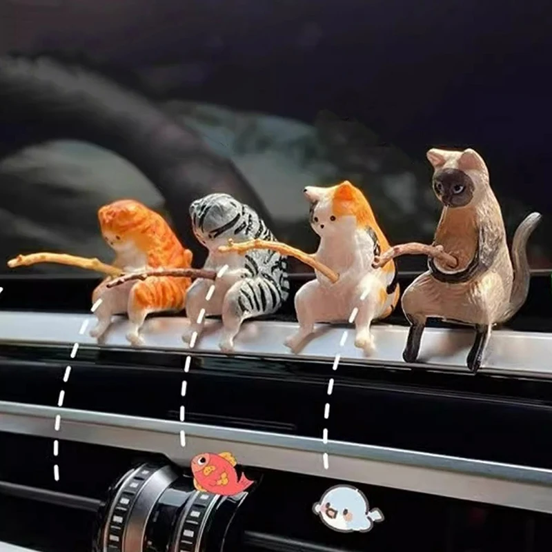 1PC creativo pesca gatto decorazione interna auto artigianato carino resina auto figurine in miniatura ornamenti accessori piccoli regali - Image 2