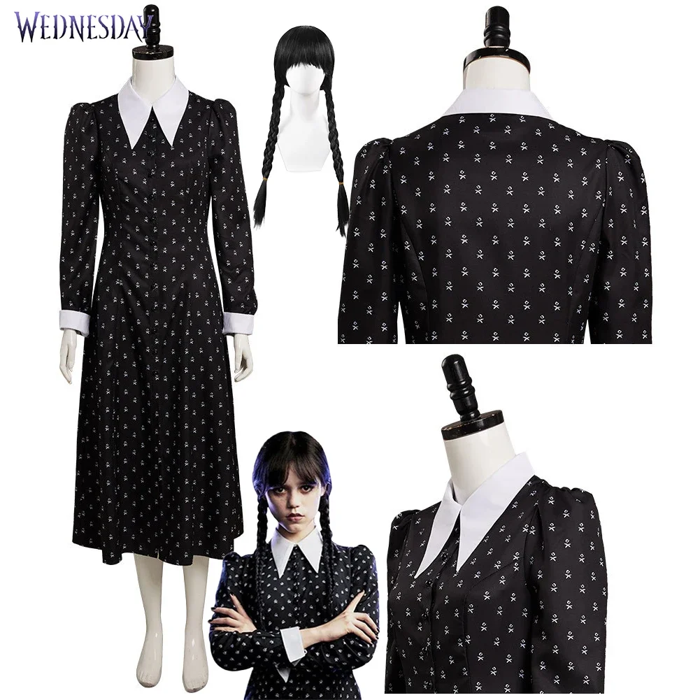 

Wednesday Addams Dress Movie Wednesday Addams Cosplay Costume Wig Black Dress Gothic Printing Halloween Costumes for Women Girls