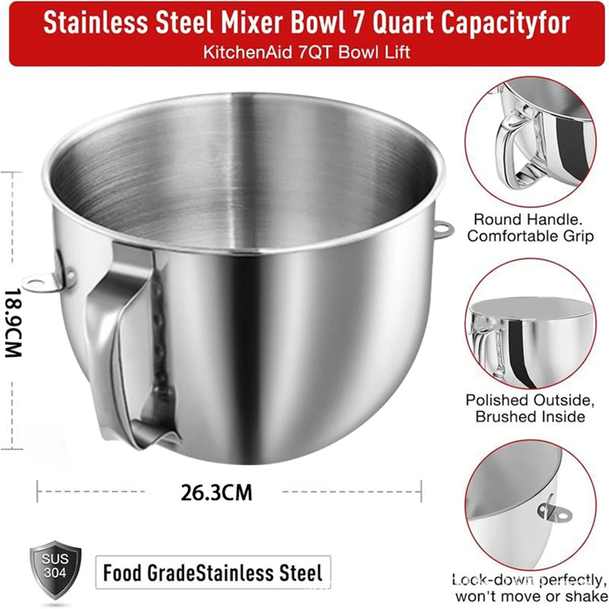 7QT Stainless Steel Mixer Bowl for Kitchenaid 7QT Tilt-Head Mixers KSM70SKXXV8 KSM70SKXXCA KSM70SKXXBK with Handle HOT