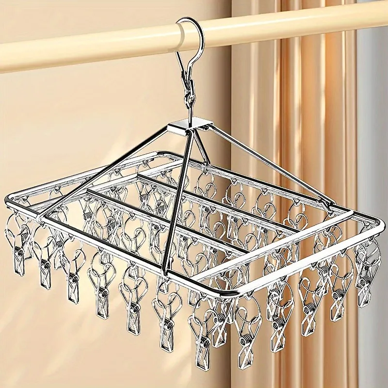 Stainless Steel Laundry Hanger Stainless Steel Laundry Hanger Clothes Rack with 40 Anti-Wind Rotary Utility Hooks Windproof Drying Stand for Indoor/Outdoor Use