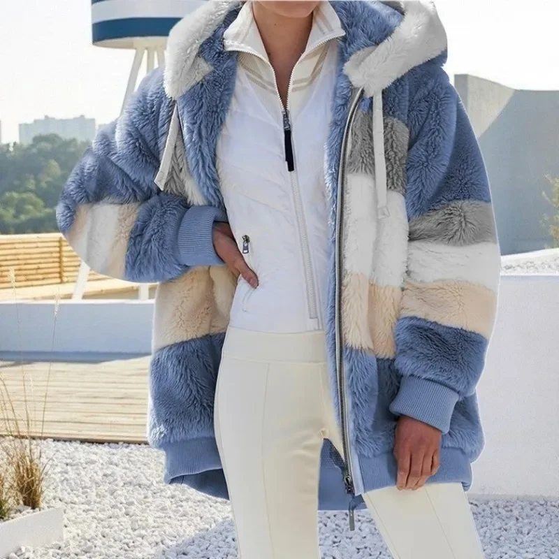 2023 Autumn/Winter Warm Hoodies Tops Plush Panel Zipper Pocket Hooded Loose Coat for Women Korean Fashion Oversize Sweatshirts