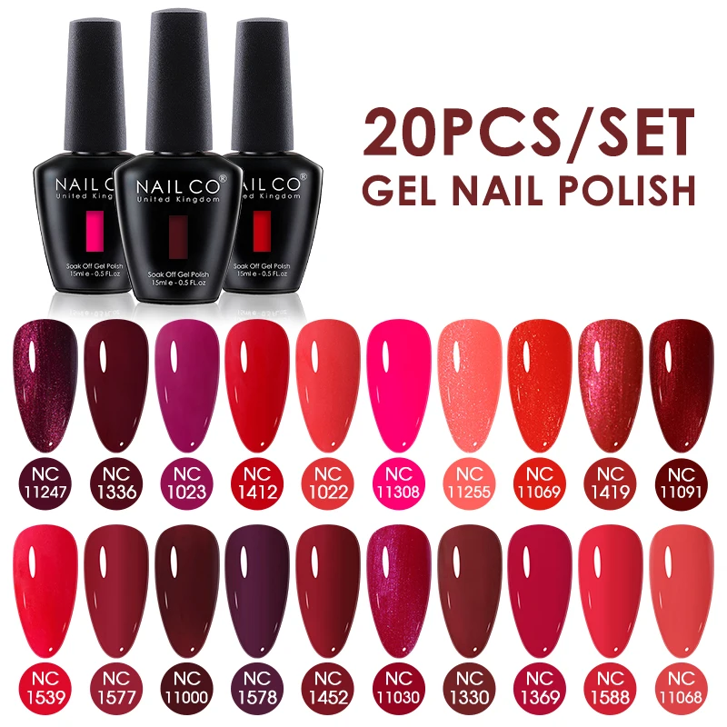 

NAILCO 15ml 20pcs/Set LED Gel Nail Polish Red Colors Vernis Set Semi Permanent UV Gel Varnish Soak Off Nail Art All For Manicure