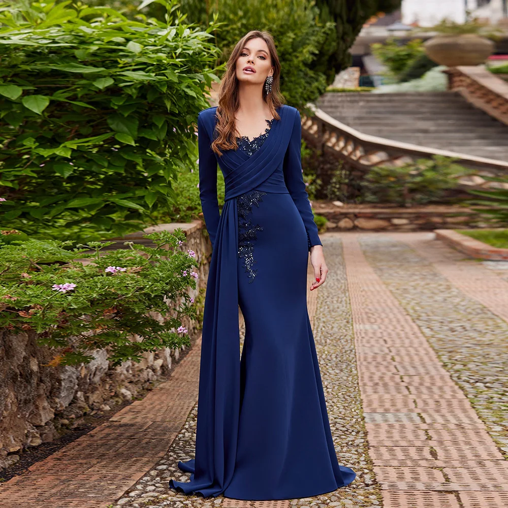 

Elegant Navy Blue Mermaid Mother of the Bride Dresses V Neck Long Sleeves Wedding Party Gowns Appliques Sequined Floor-Length