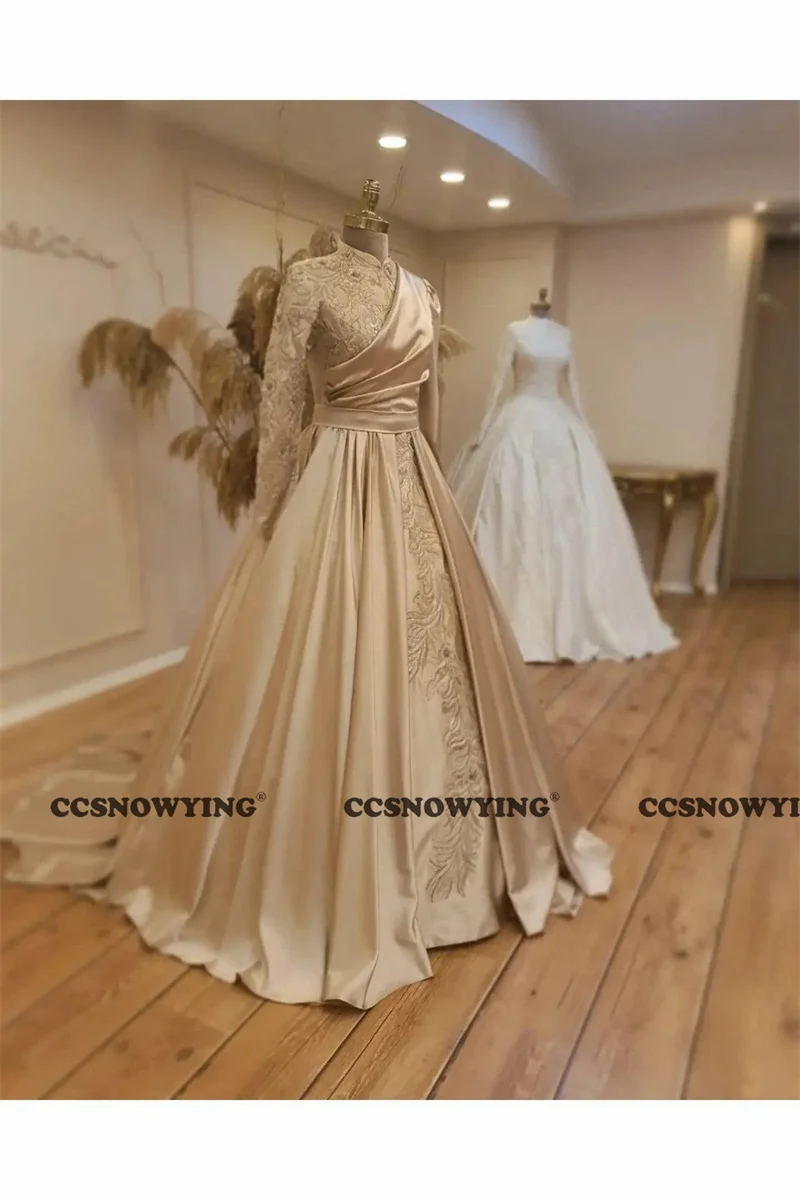 

Long Sleeve Hijab Muslim Evening Dresses Satin Appliques A Line Islamic Formal Party Gown Women Arabic Dubai Robes De Soirée