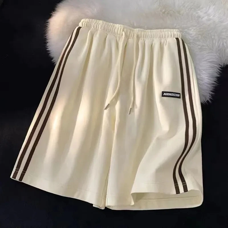 Striped Shorts Women Summer Streetwear Loose Wide Leg Shorts Korean Casual Elastic Waist Sports Shorts Bf Couple Oversized