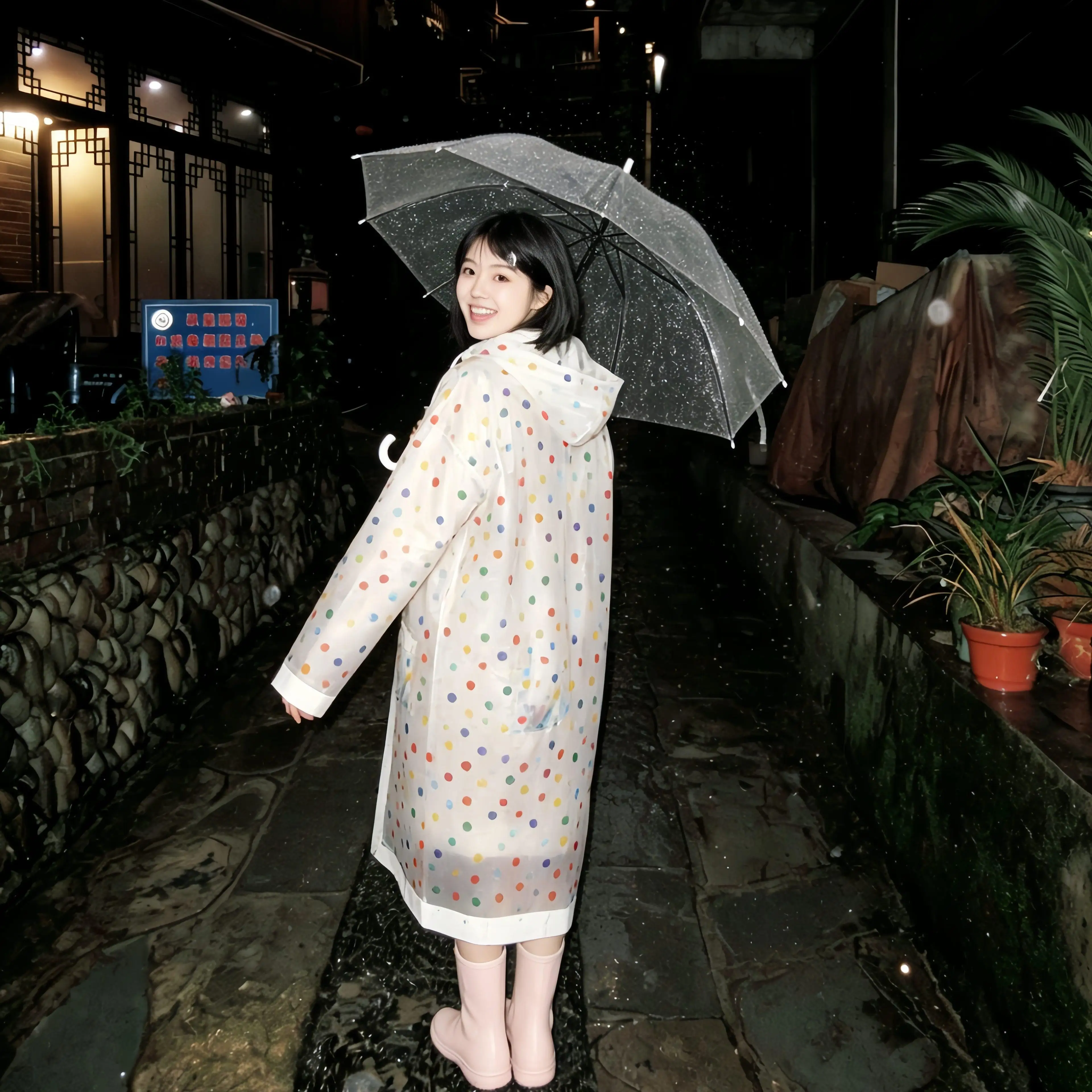 화려한 물방울 무늬 성인용 휴대용 일체형 뮤직 페스티벌 야외용 전신 방수 레인 판초 통근용