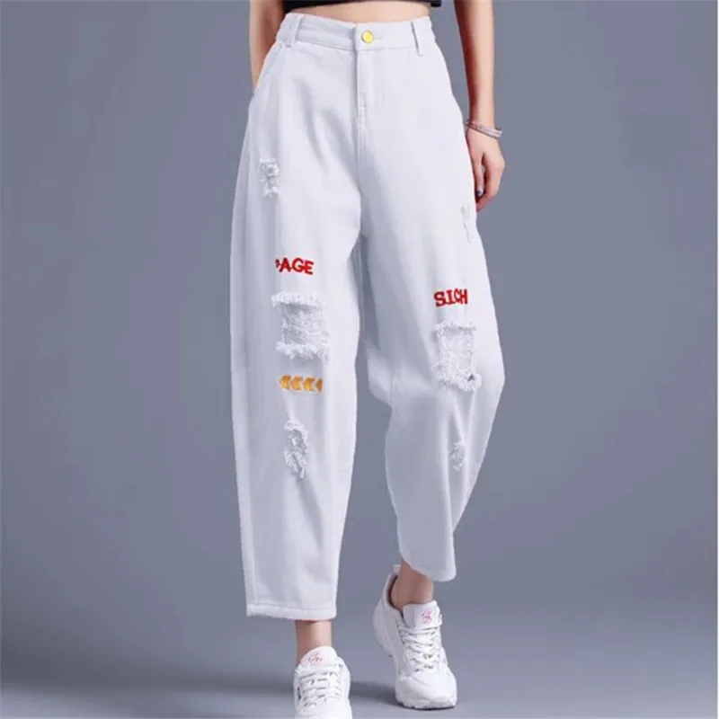 

Spring Baggy Vaqueros Korean Streetwear Casual Women's Denim Pants Oversize 34 HIgh Waist Ankle-Length Ripped Hole Harem Jeans