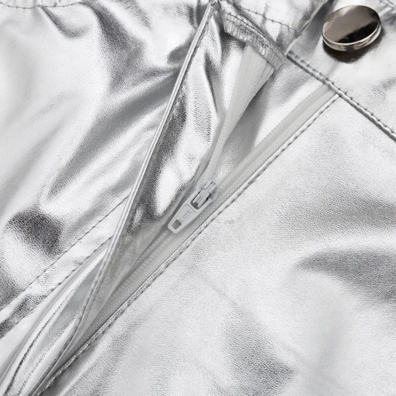 Pantalones de PU plateados para mujer, moda 2025, cintura alta, sueltos, pierna ancha, ropa de fiesta para chicas, ropa de calle, pantalones largos para mujer, otoño