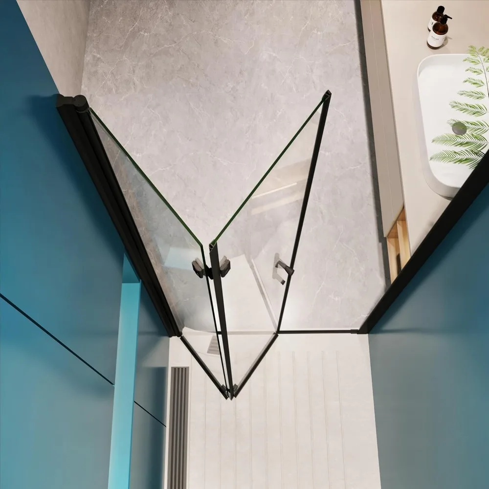 32" W x 72" H Double Fold Glass Shower Door, 1/4" Folding Clear Glass Shower Panel Pivot Swing Frameless Shower Door 4