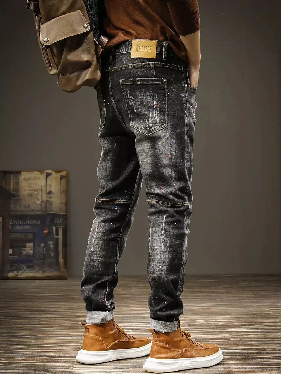 Fashion Streetwear Men Jeans Retro Black Gray Painted Designer Slim Ripped Jeans Men Stretch Hip Hop Vintage Denim Pants Hombre